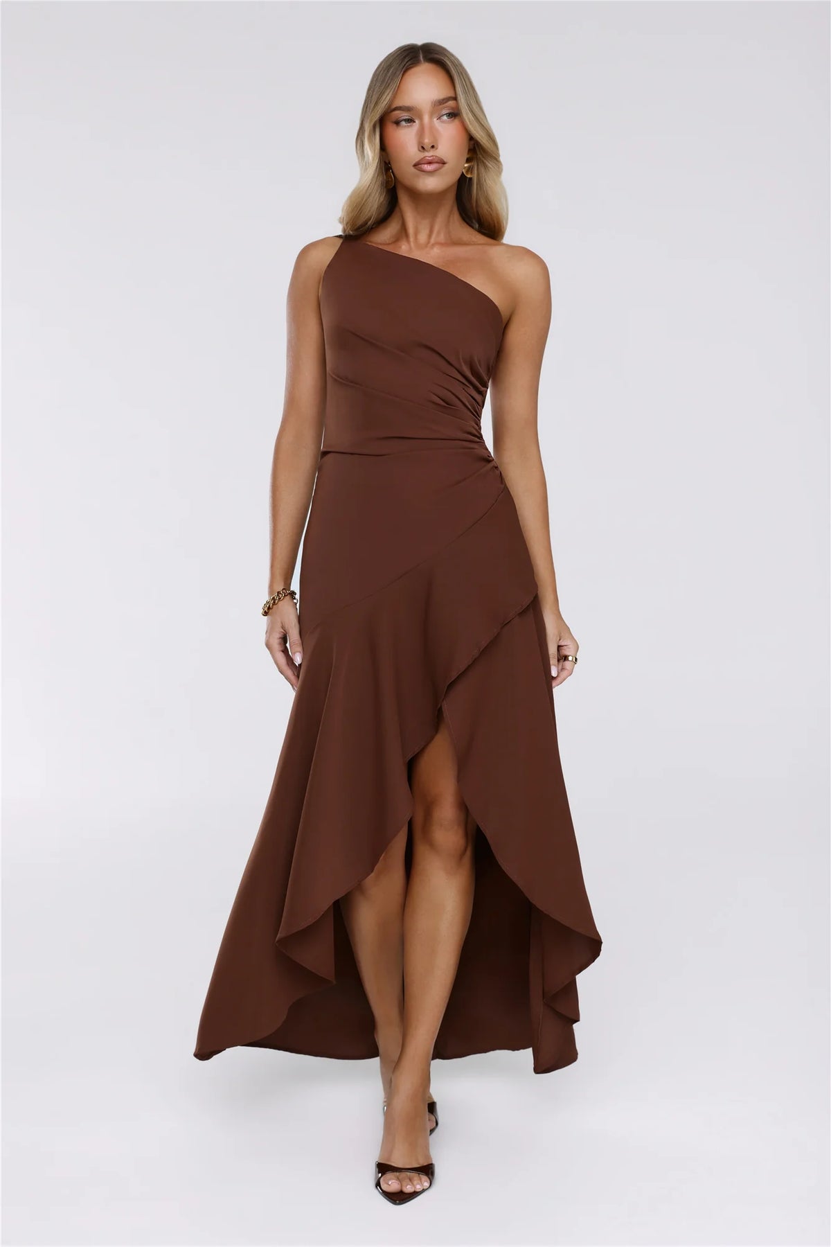 Rule Breaker One Shoulder Midi Dress Brown