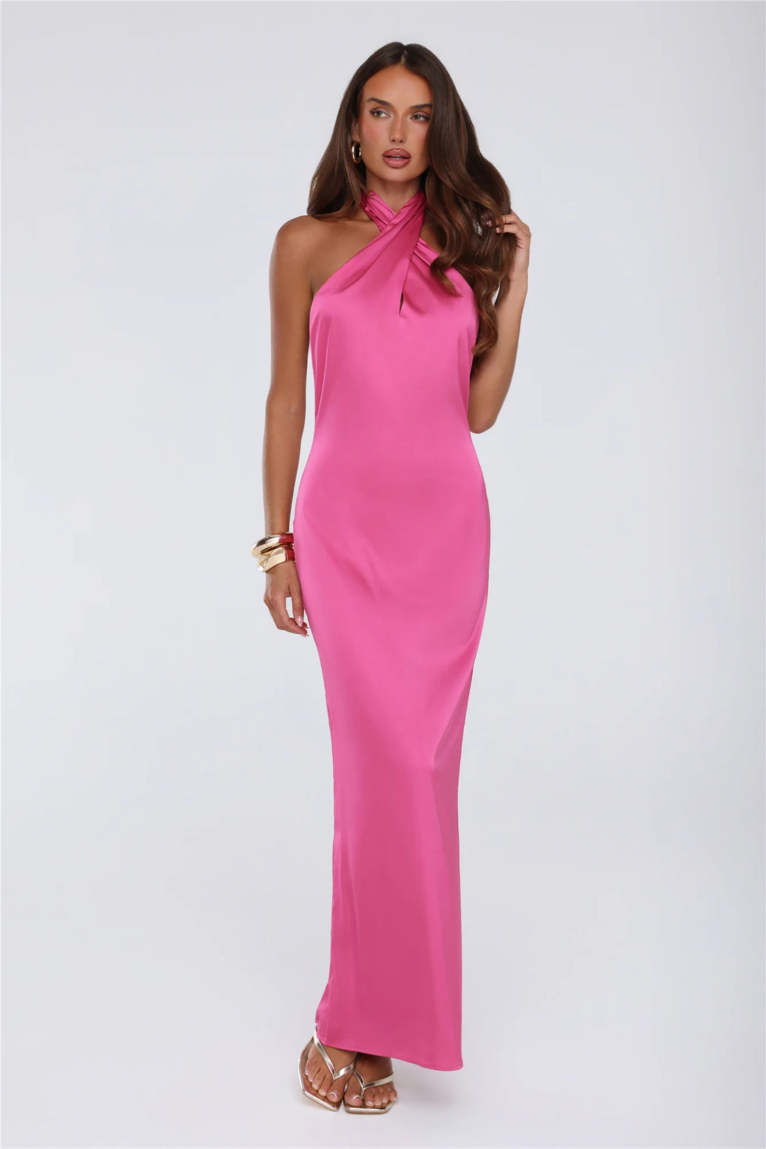 Outfit Energy Satin Halter Maxi Dress Pink