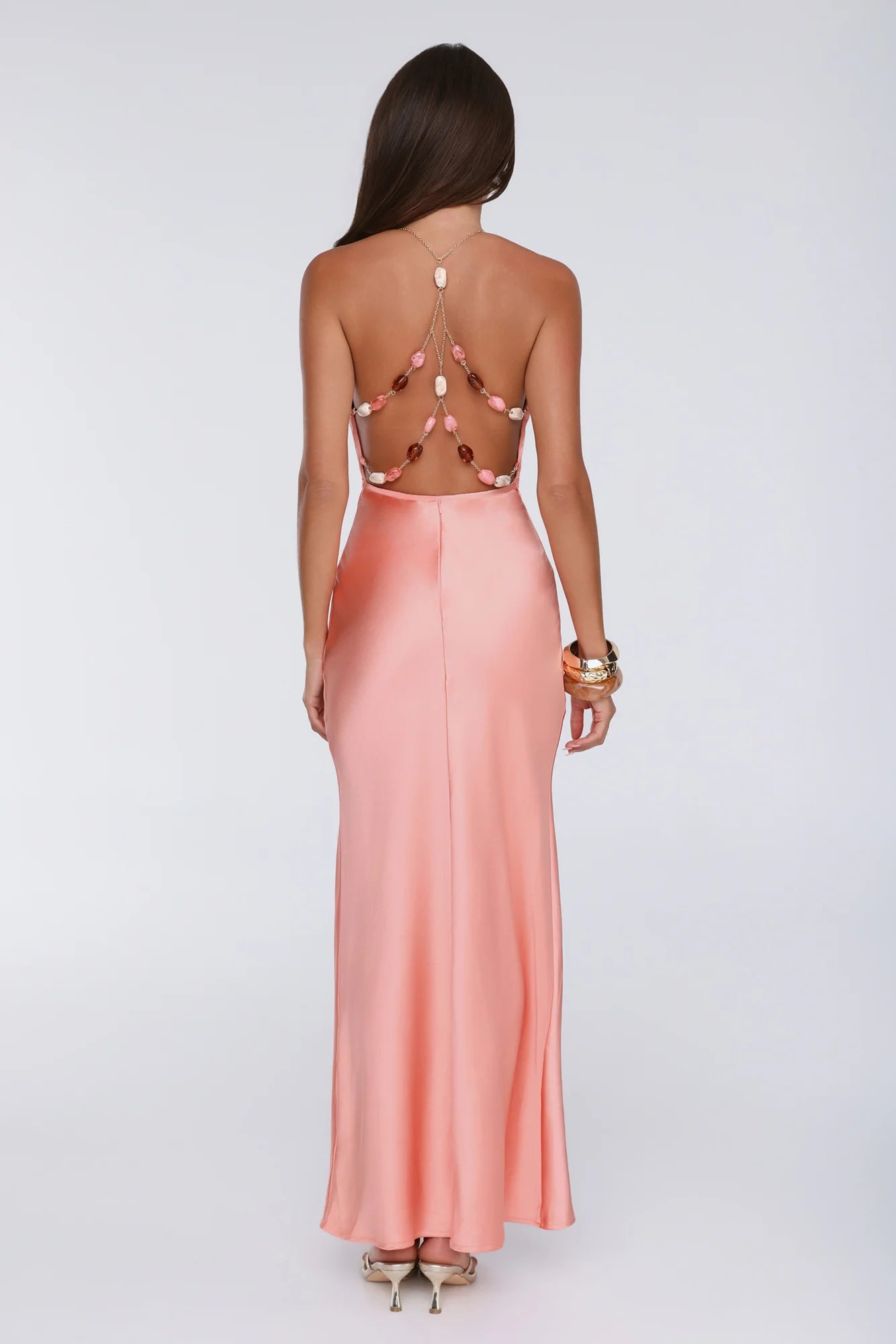 Pearl Indulgence Satin Maxi Dress Peach