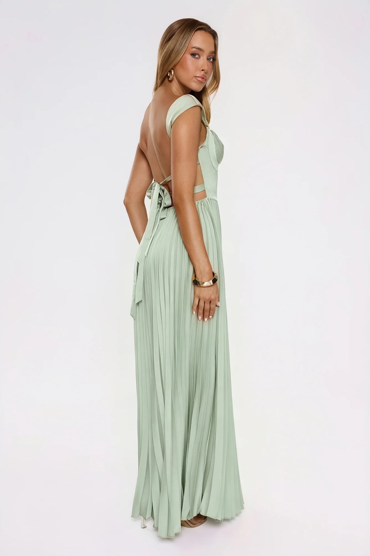 Satin Glow Pleated Maxi Dress Green