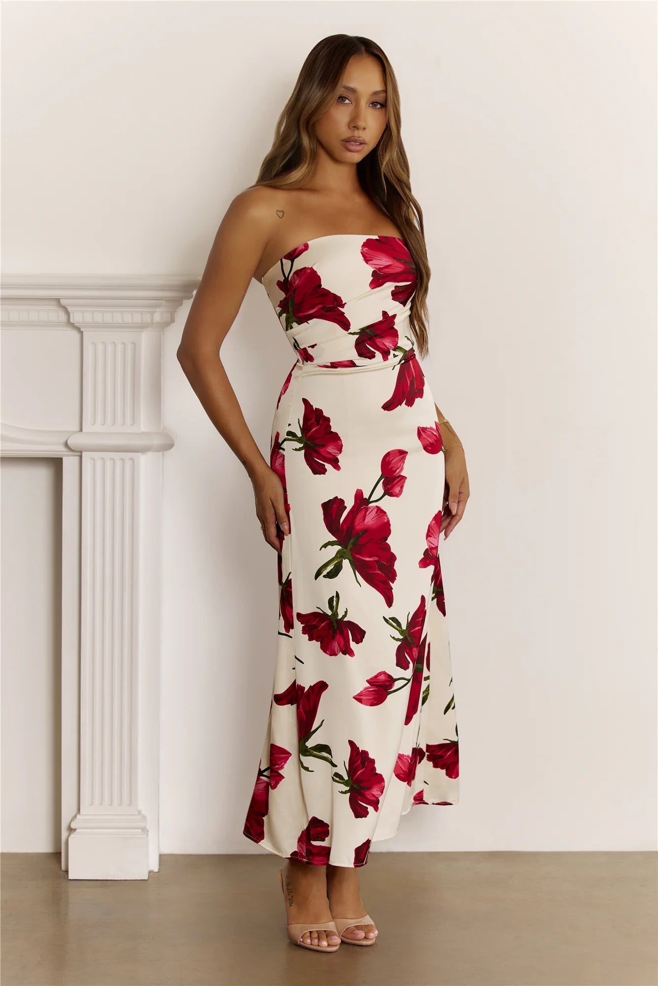 Floral Satin Strapless Folded Maxi Dress Red