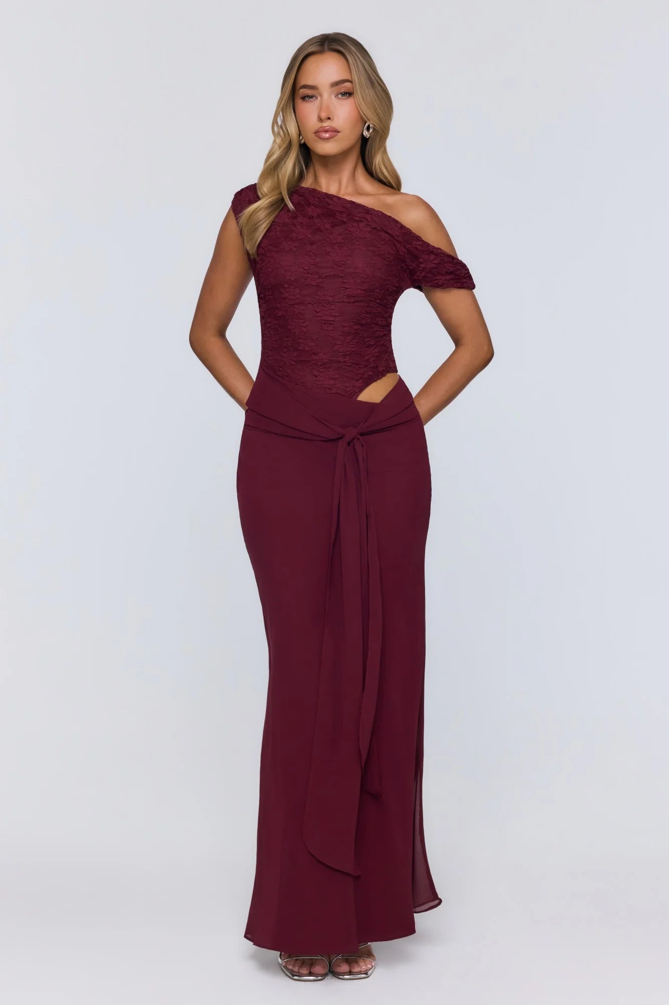 Modern Heritage Off Shoulder Maxi Dress Burgundy