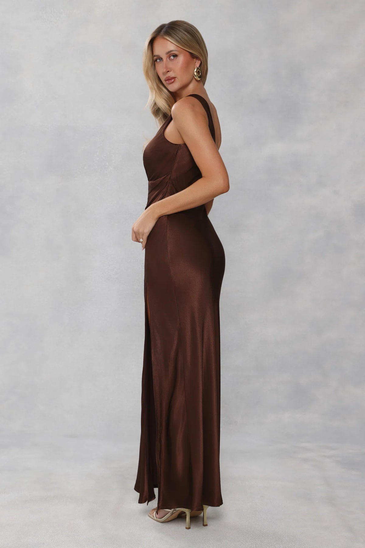 The Aurora One Shoulder Satin Maxi Dress Chocolate Brown