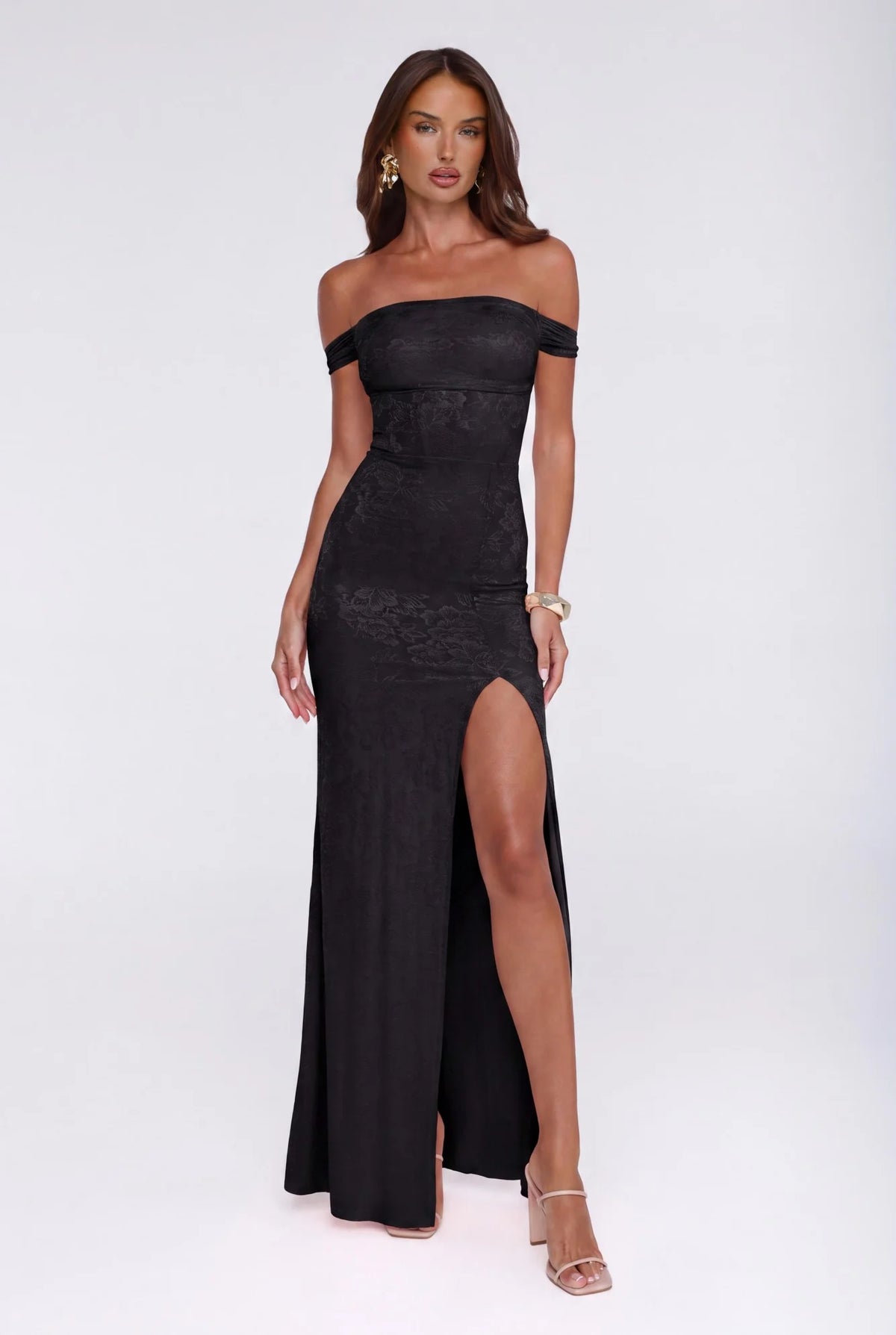 Night Bloom Off Shoulder Maxi Dress Black