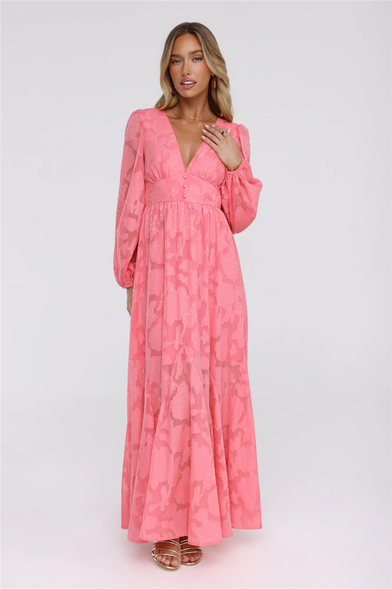 Glow Blossom Long Sleeve Maxi Dress Coral