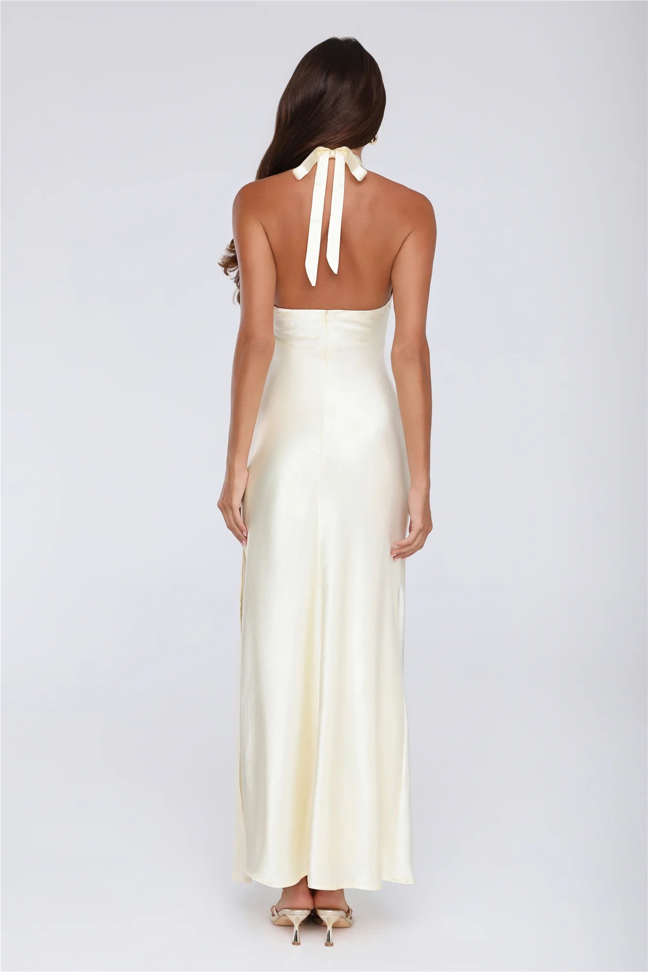 Sleek Halter Neck Cutout Satin Maxi Dress Yellow