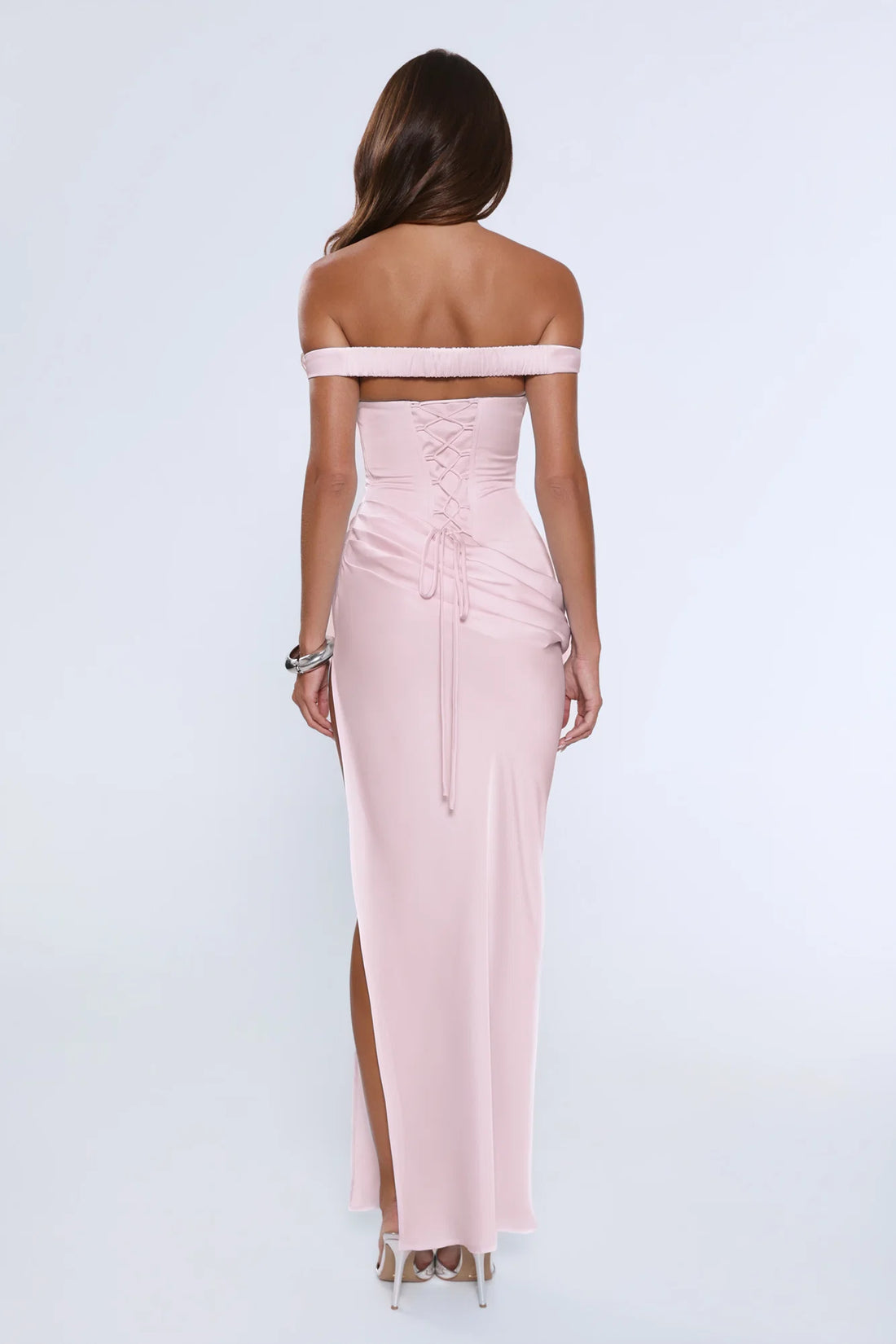 The After Party Off Shoulder Satin Maxi Dress Blush