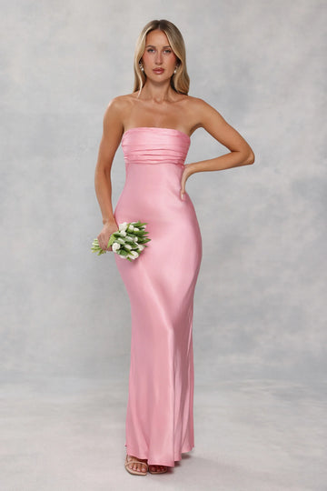 The Seraphina Strapless Satin Maxi Dress Candy Pink