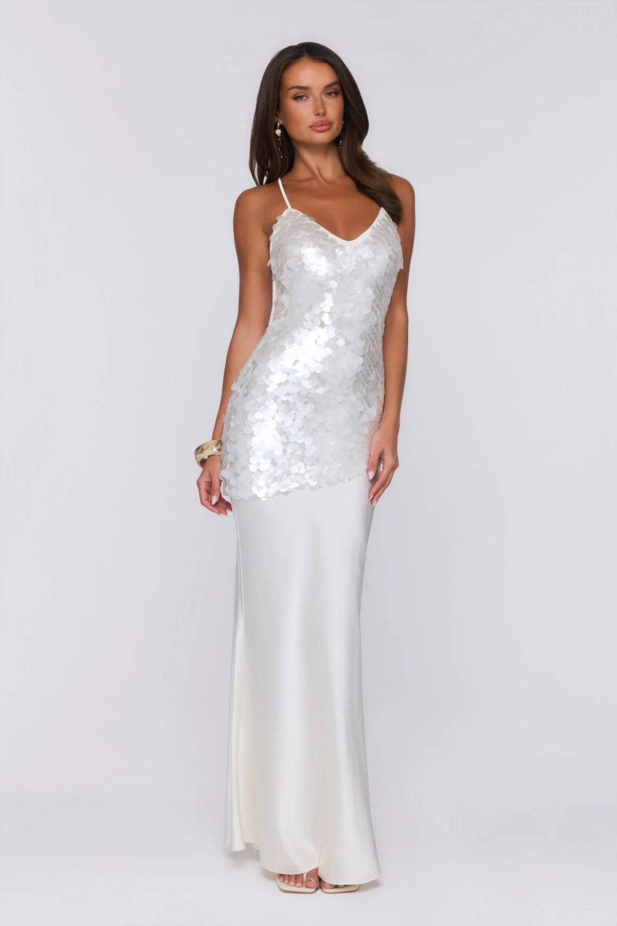 Shimmer Glow Sequin Maxi Dress Ecru White