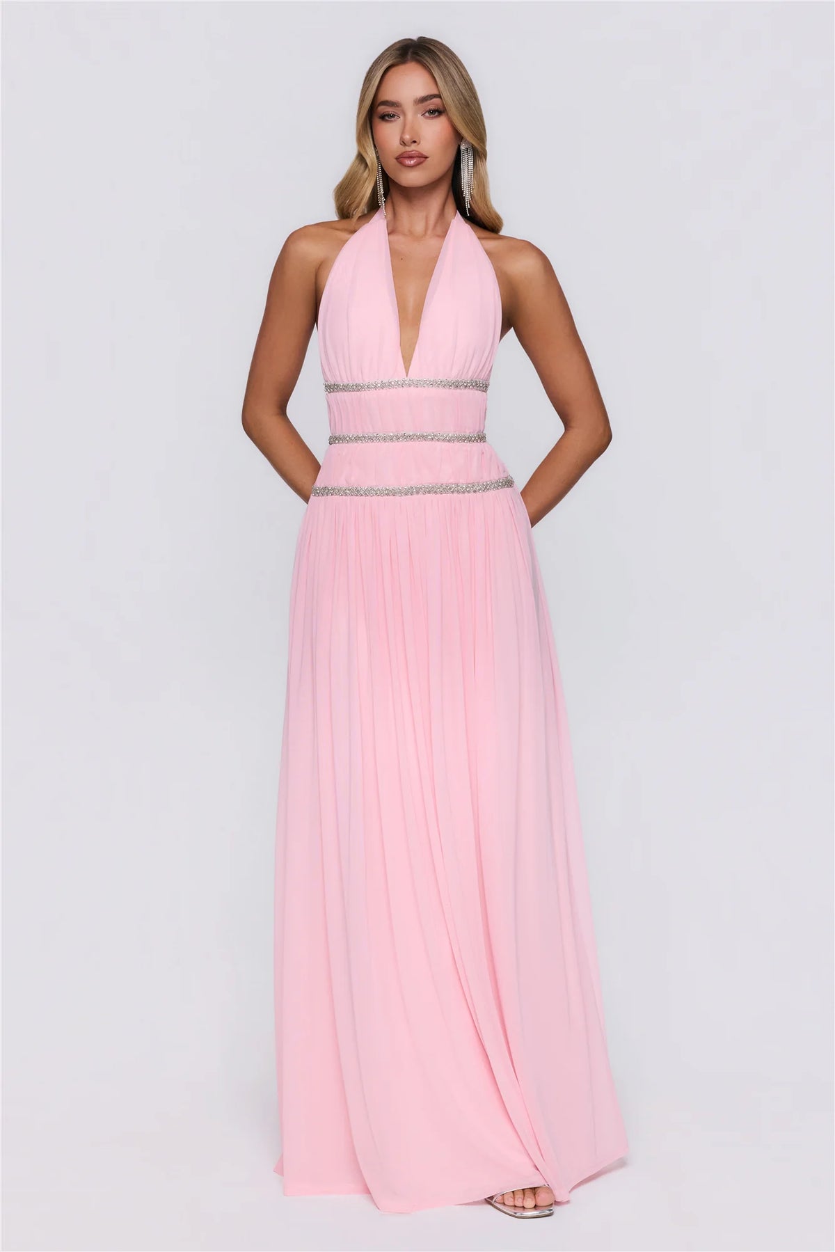 Summer Sparkle Mesh Halter Maxi Dress Pink