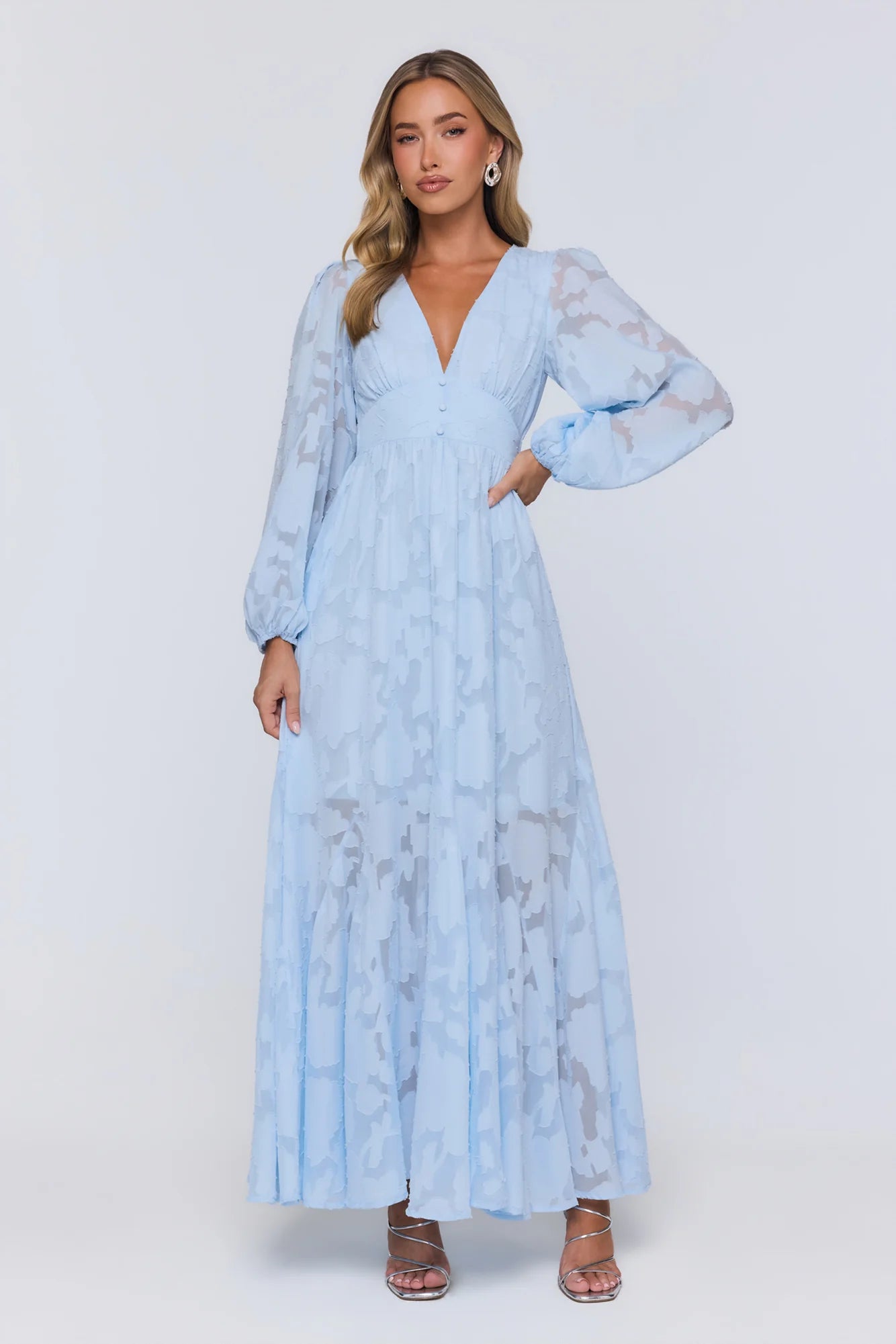 Glow Blossom Long Sleeve Maxi Dress Blue