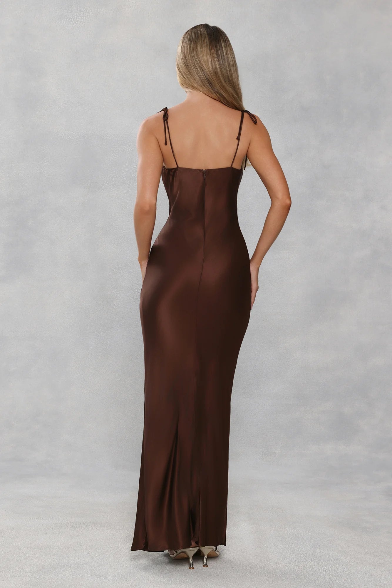 The Penelope Cowl Satin Maxi Dress Chocolate Brown