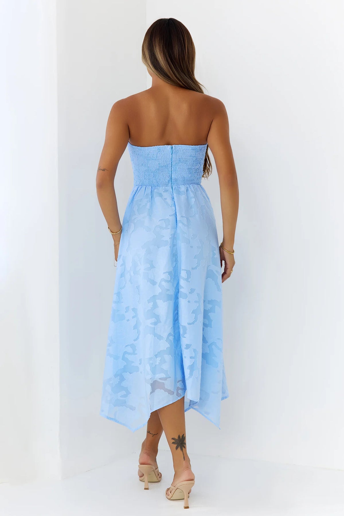 Charming Bow Textured Strapless Midi Dress Blue