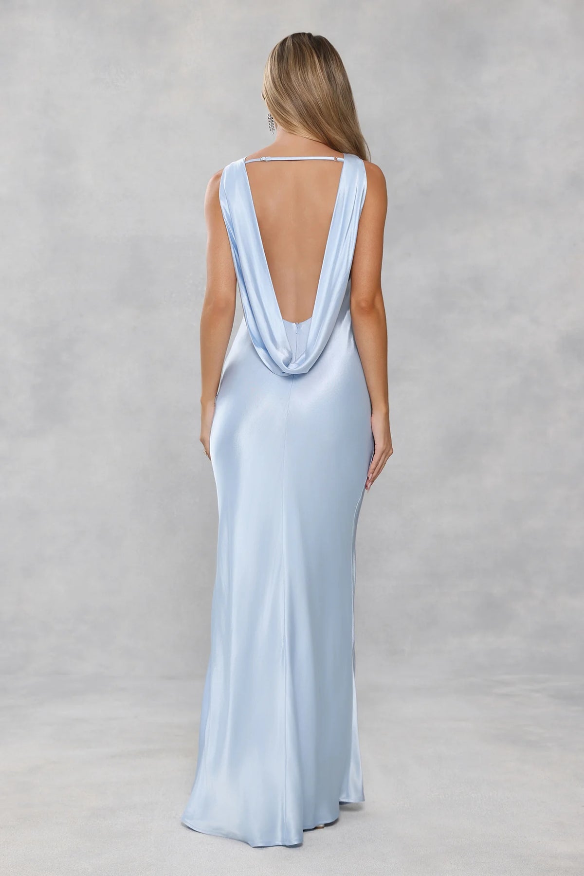The Blaire Backless Satin Maxi Dress Light Blue