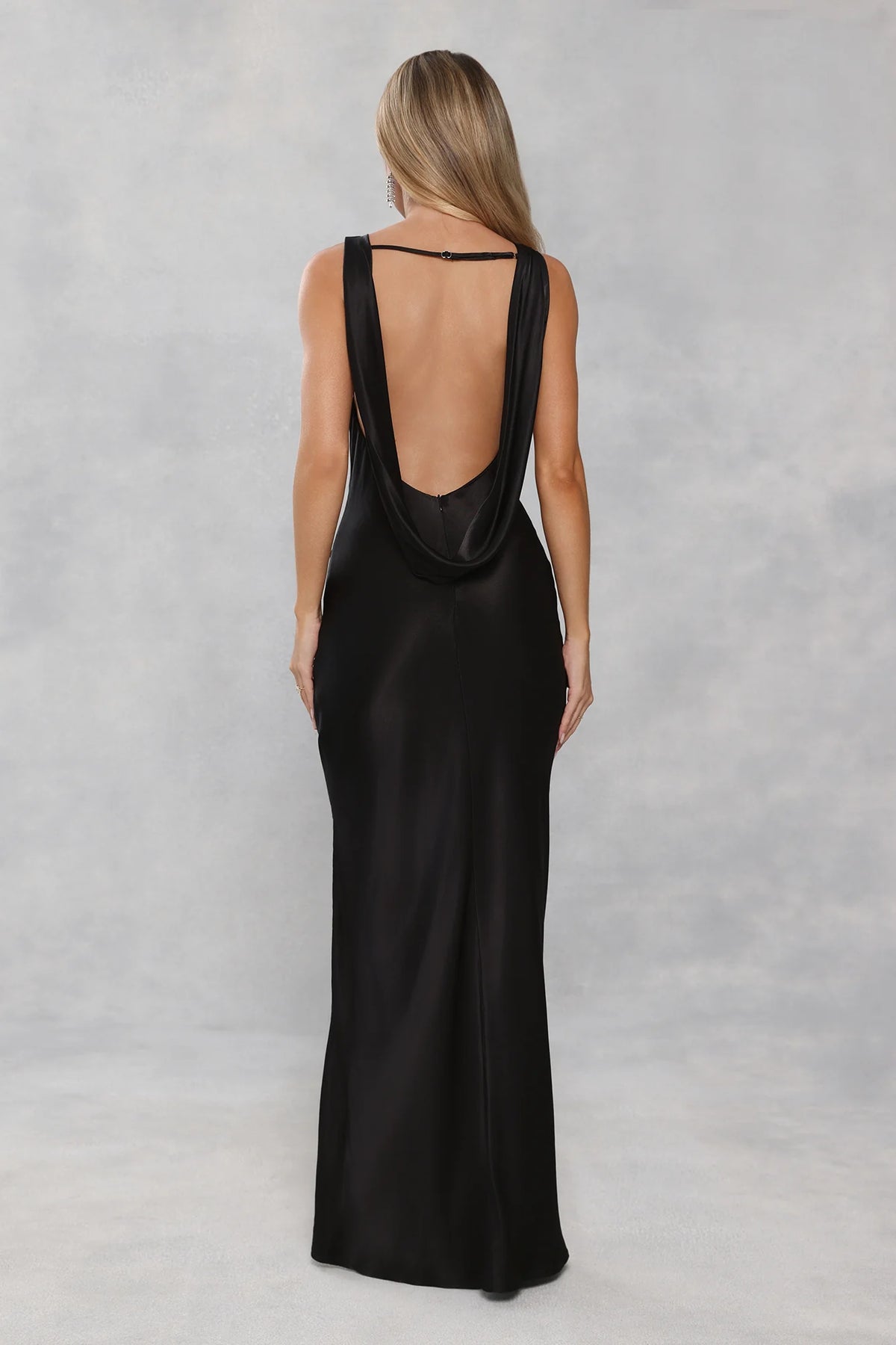 The Blaire Backless Satin Maxi Dress Black