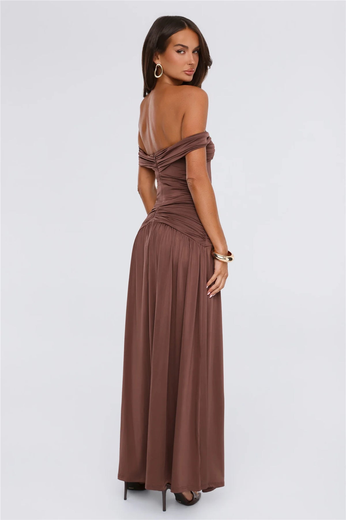 Under Your Charm Off Shoulder Maxi Dress Brown