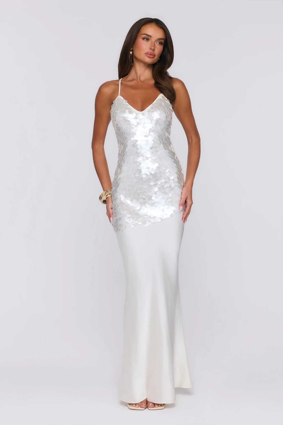 Shimmer Glow Sequin Maxi Dress Ecru White