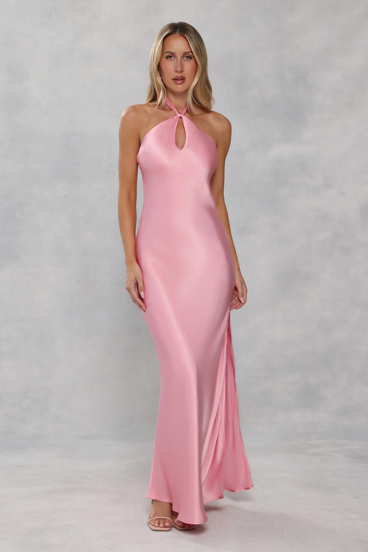 The Delilah Satin Halter Maxi Dress Candy Pink