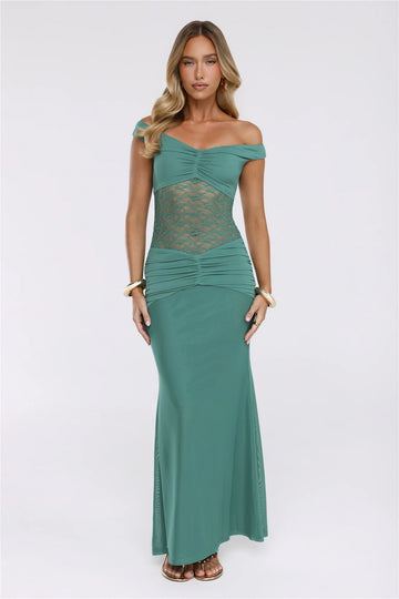 Grace Notes Off Shoulder Mesh Maxi Dress Teal