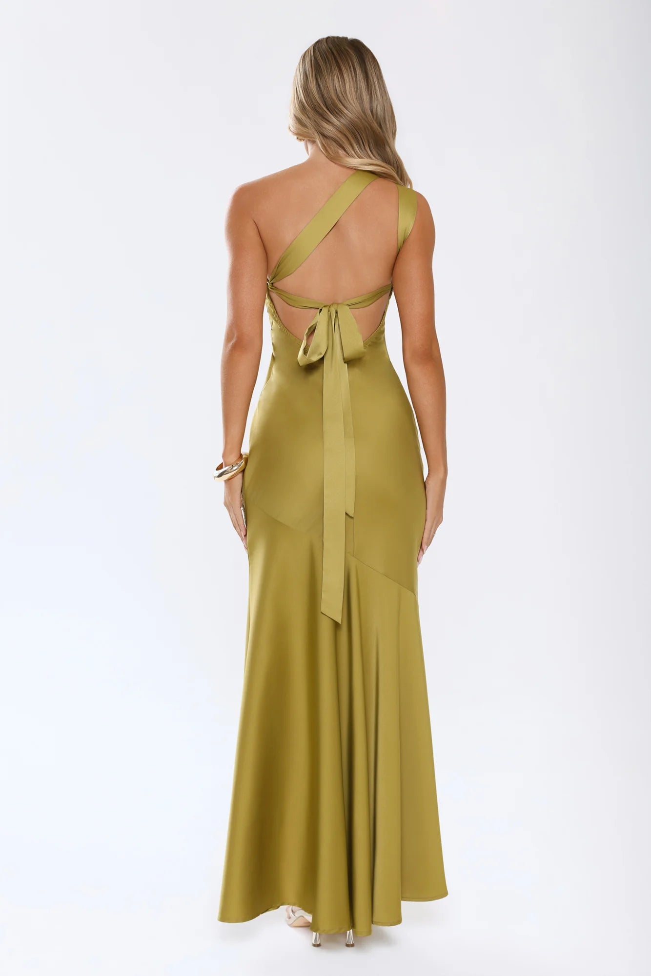Jelly Glow One Shoulder Satin Maxi Dress Olive