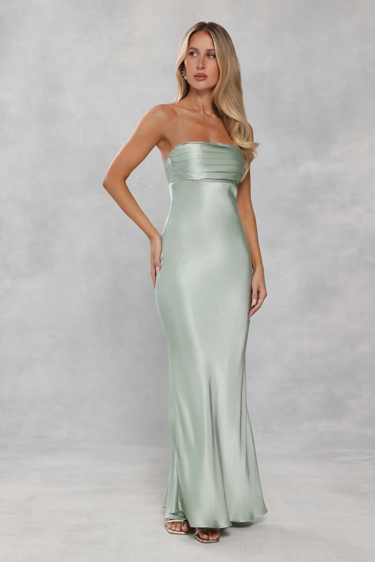 The Seraphina Strapless Satin Maxi Dress Sage Green