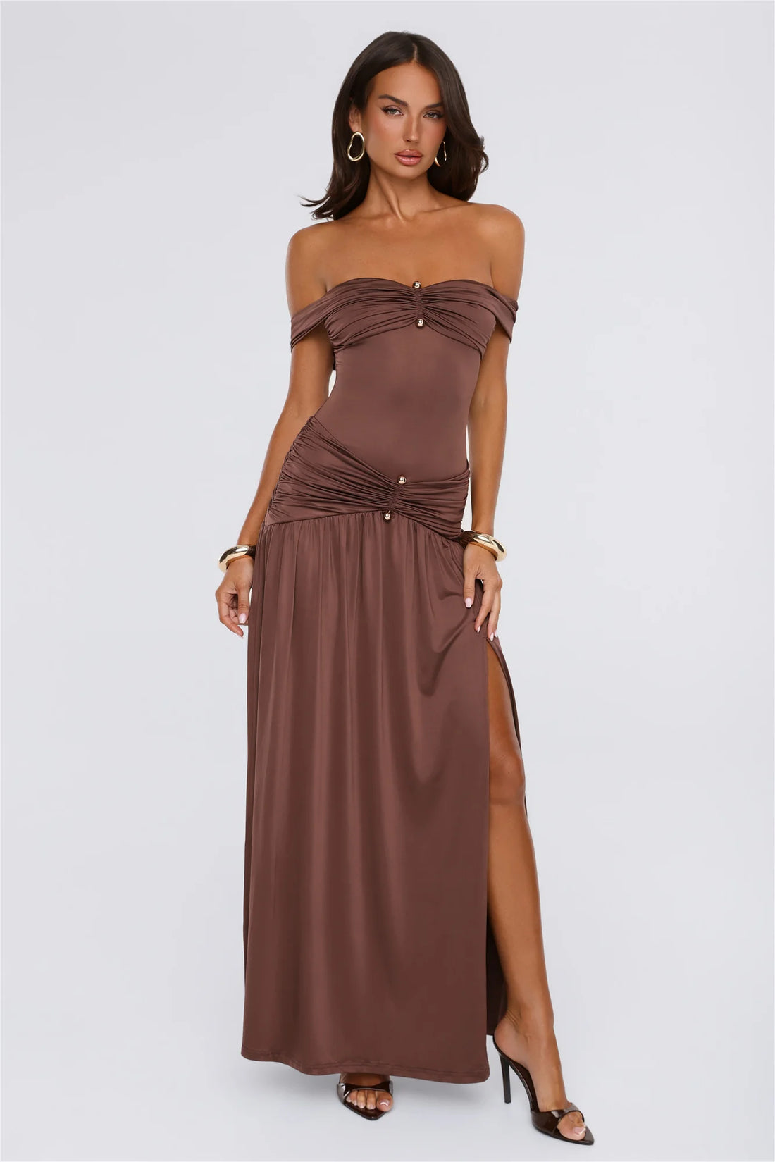 Under Your Charm Off Shoulder Maxi Dress Brown