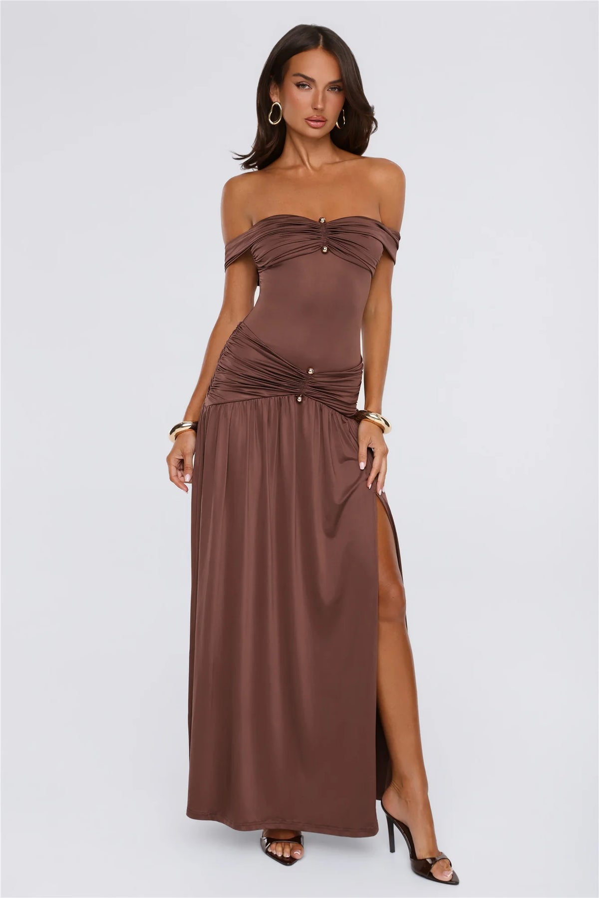 Under Your Charm Off Shoulder Maxi Dress Brown