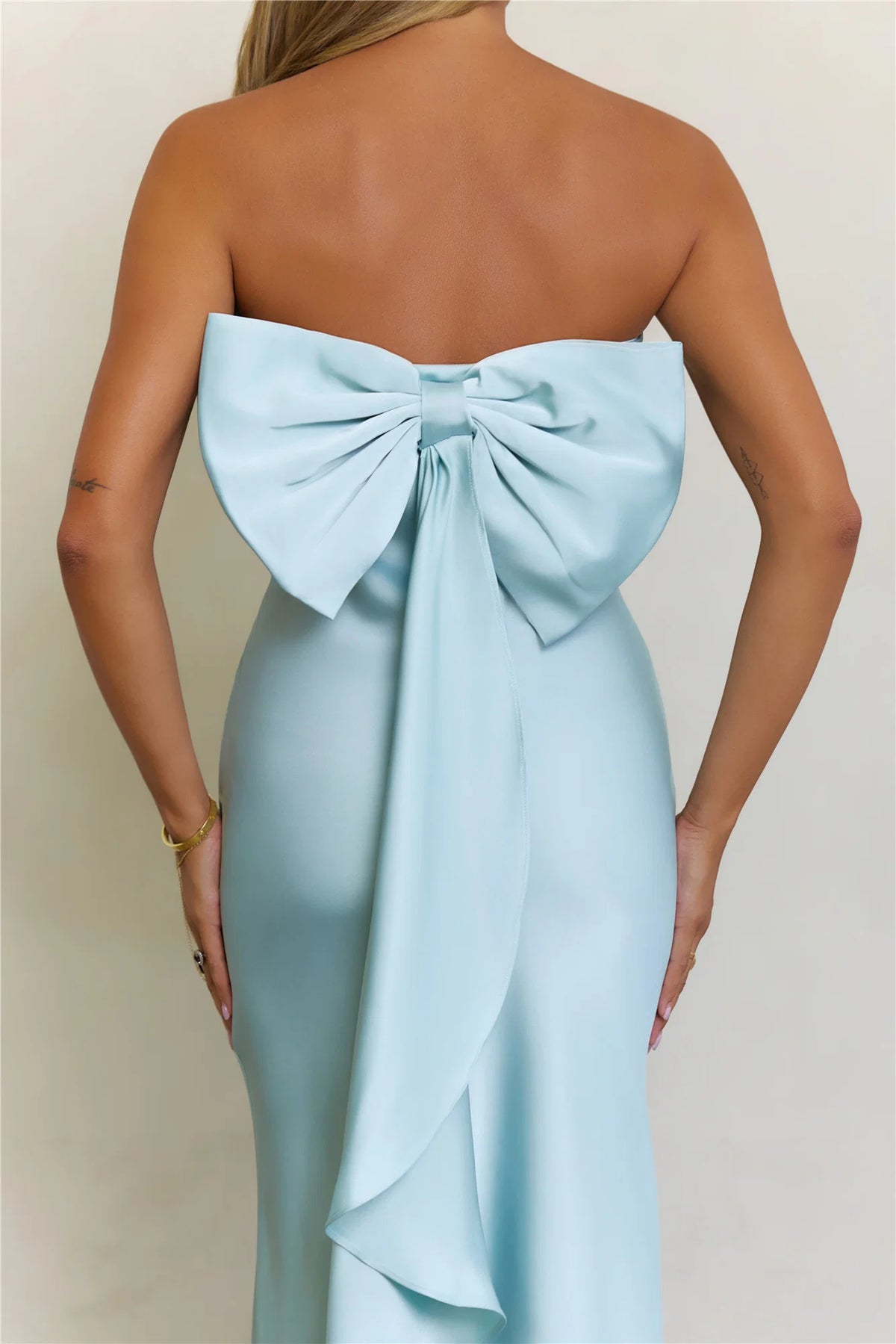 Soft Forever Mood Satin Strapless Maxi Dress Light Blue