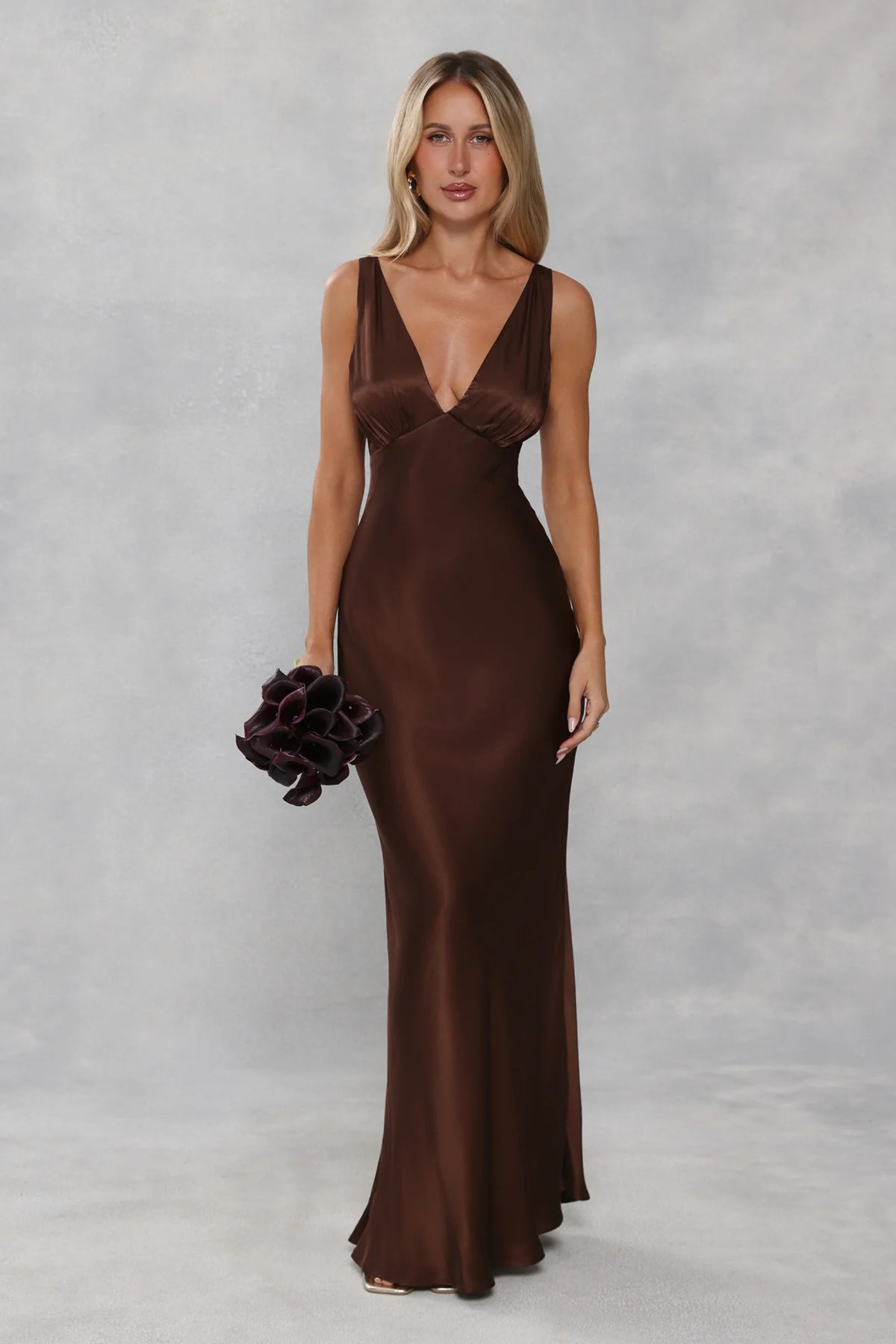 The Isabeau Satin Maxi Dress Chocolate Brown