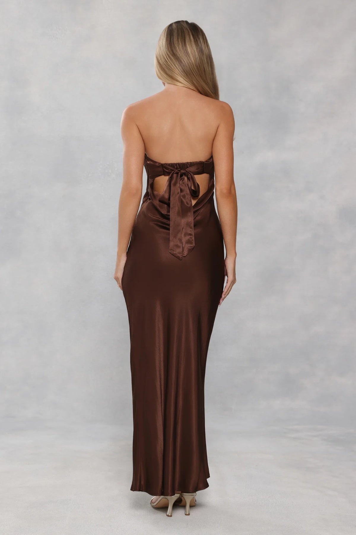 The Felicity Strapless Satin Maxi Dress Chocolate Brown