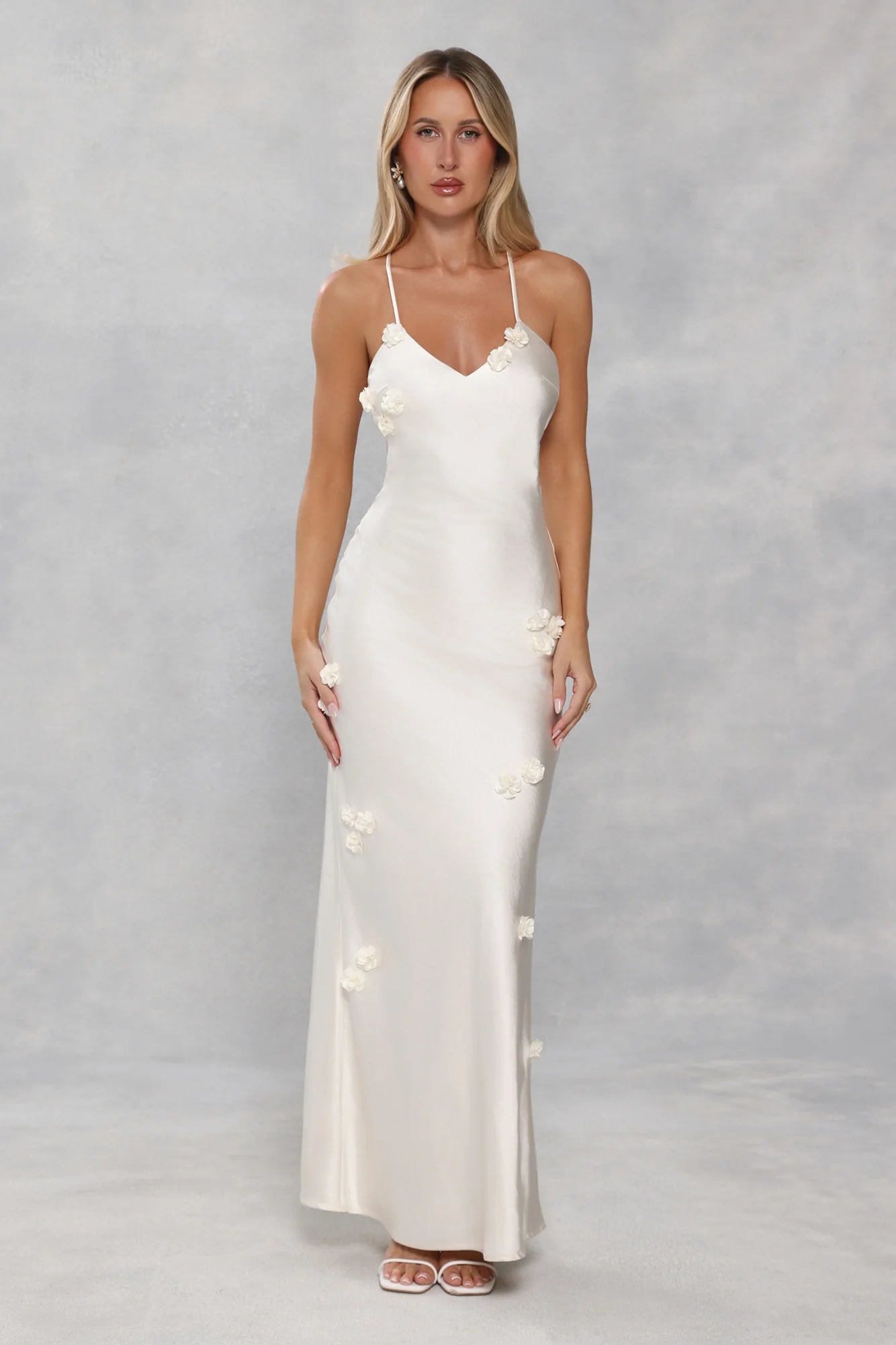 Honeyed Petals Satin Maxi Dress Cream