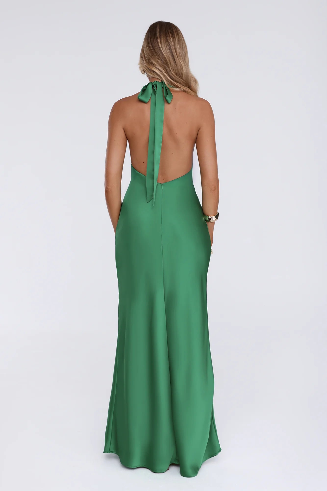 Cherry Whirl Satin Halter Maxi Dress Emerald