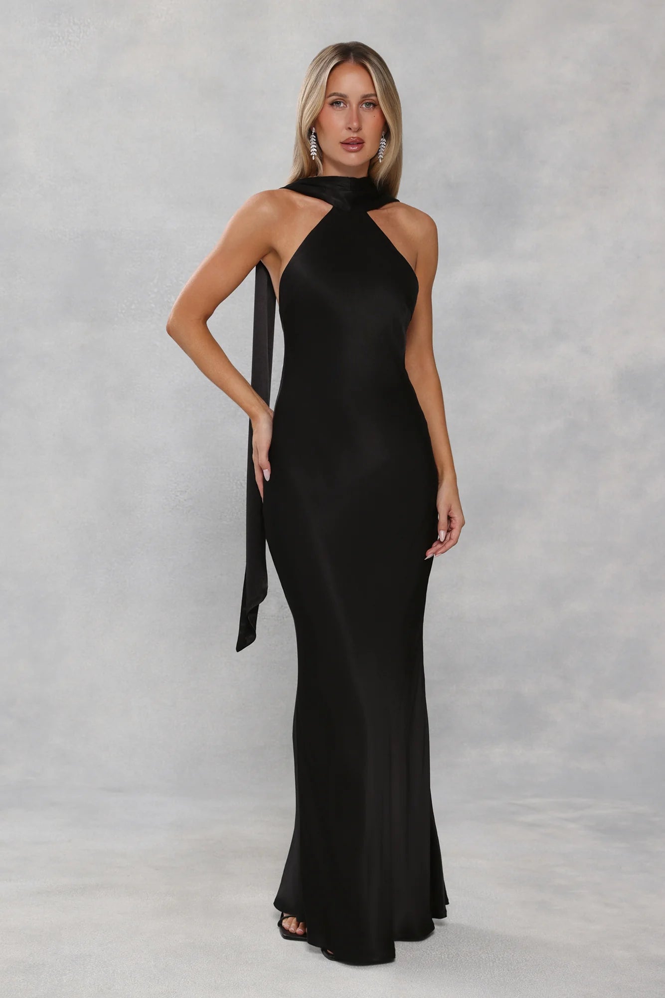 The Vivia Halter Satin Maxi Dress Black