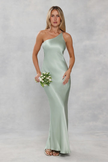 The Evangeline One Shoulder Satin Maxi Dress Sage Green