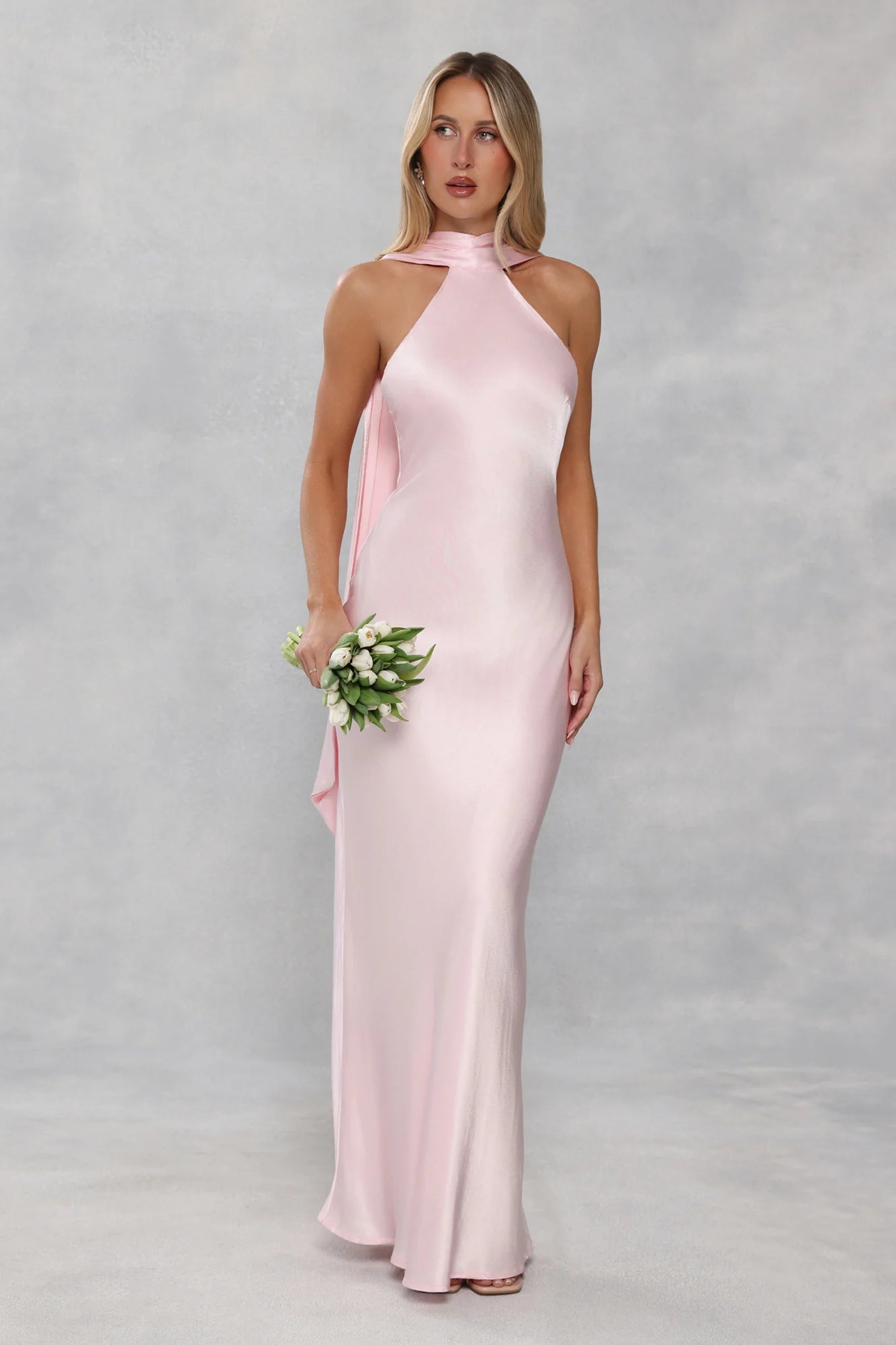 The Vivia Halter Satin Maxi Dress Light Pink