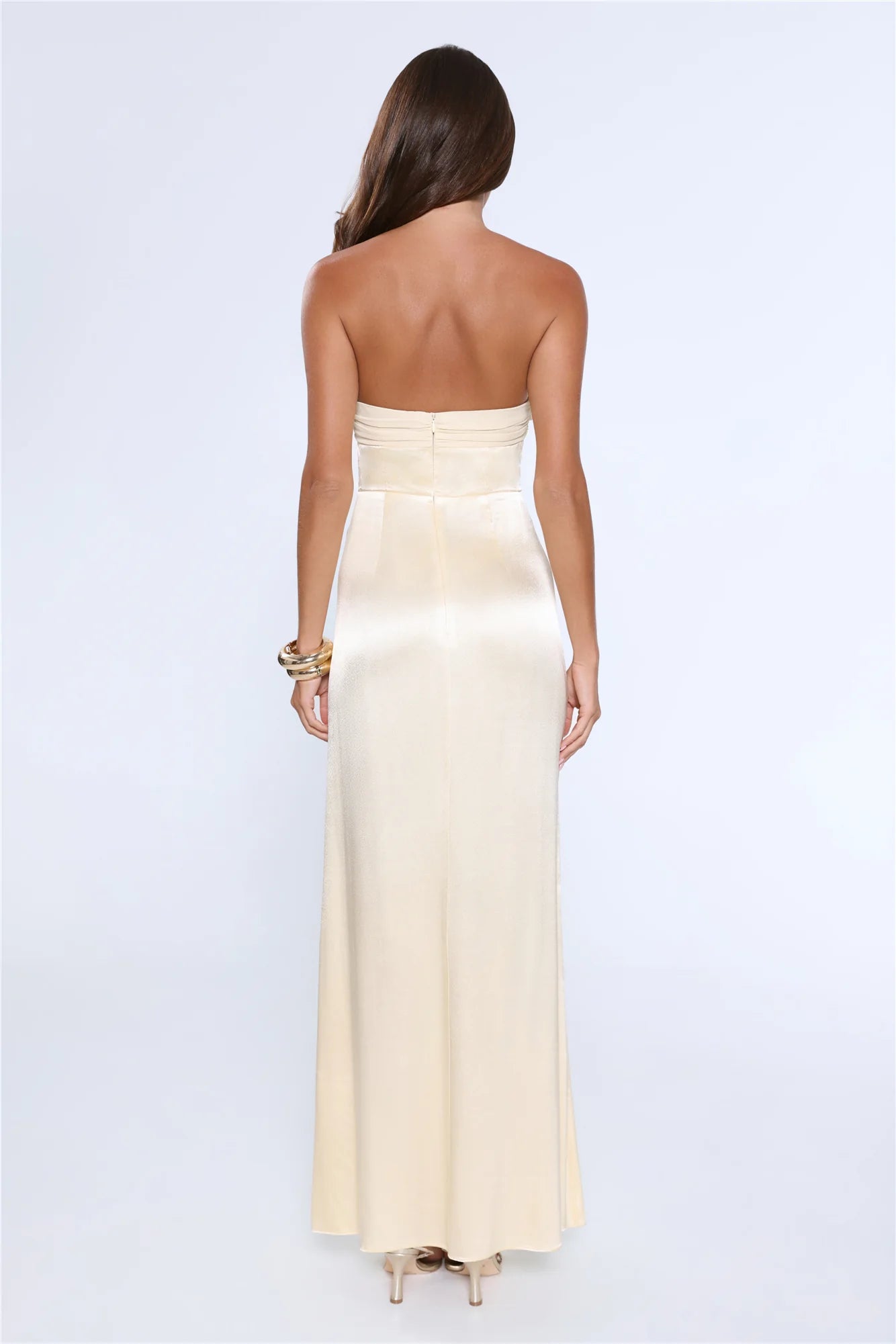 Statement Shine Strapless Satin Maxi Dress Yellow