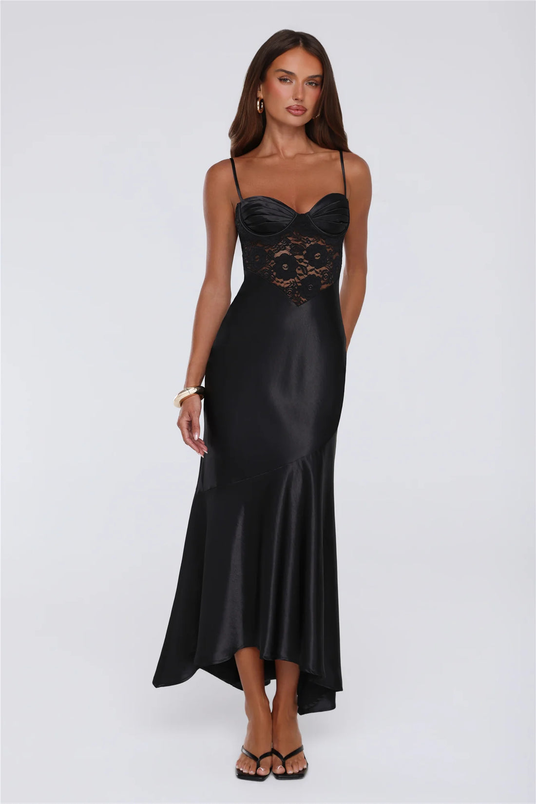 Sultry Horizon Satin Lace Maxi Dress Black