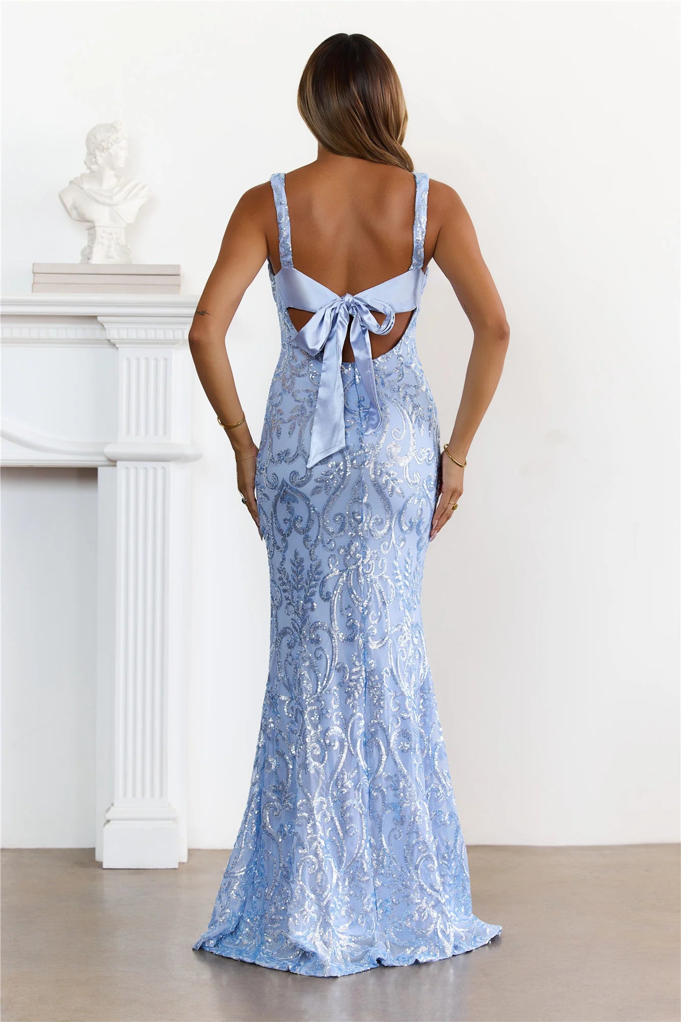 Enchanted Sequin V-Neck Back Tie Maxi Dress Blue