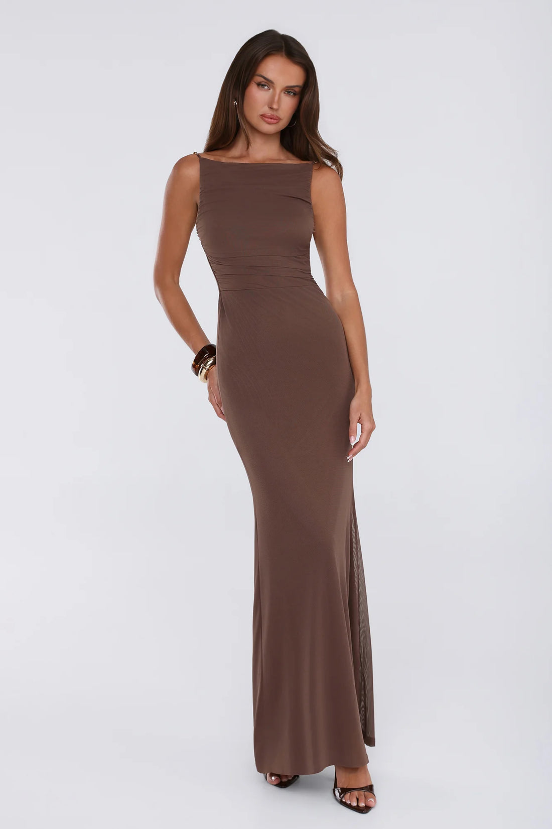 Golden Hourglass Mesh Maxi Dress Brown