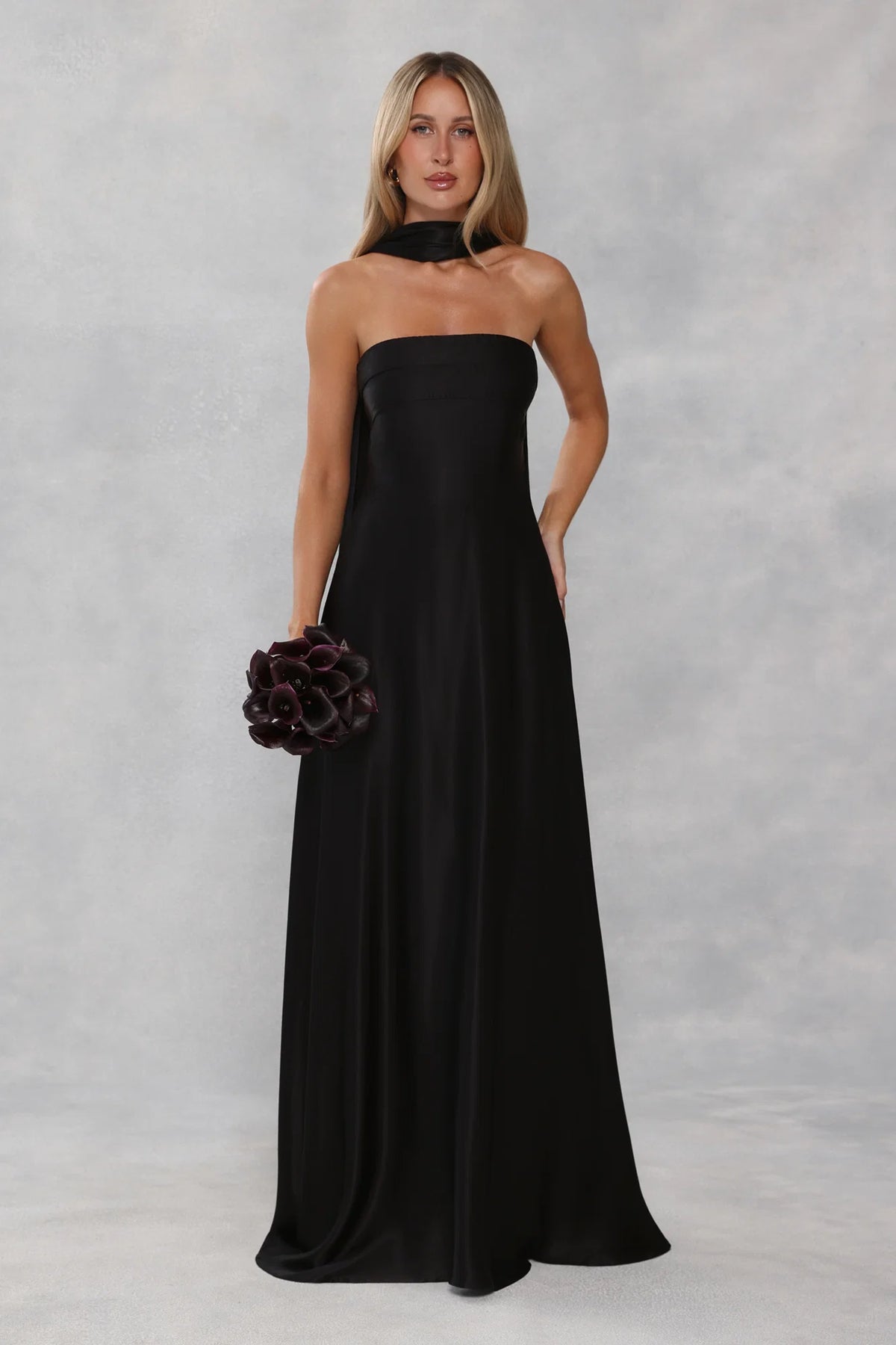 The Serina Strapless Satin Maxi Dress Black