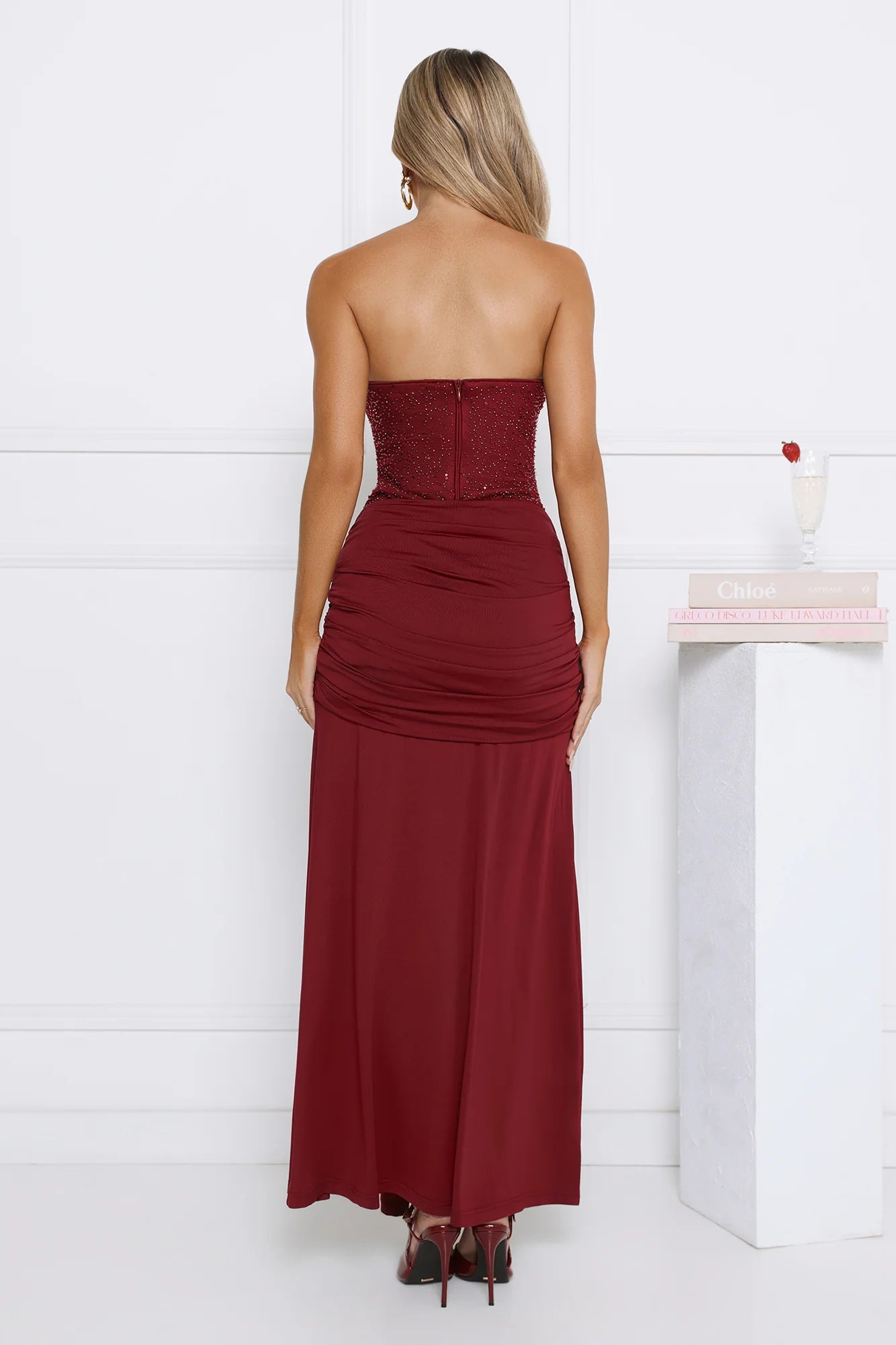 Signature Nights Embellished Strapless Maxi Dress Red