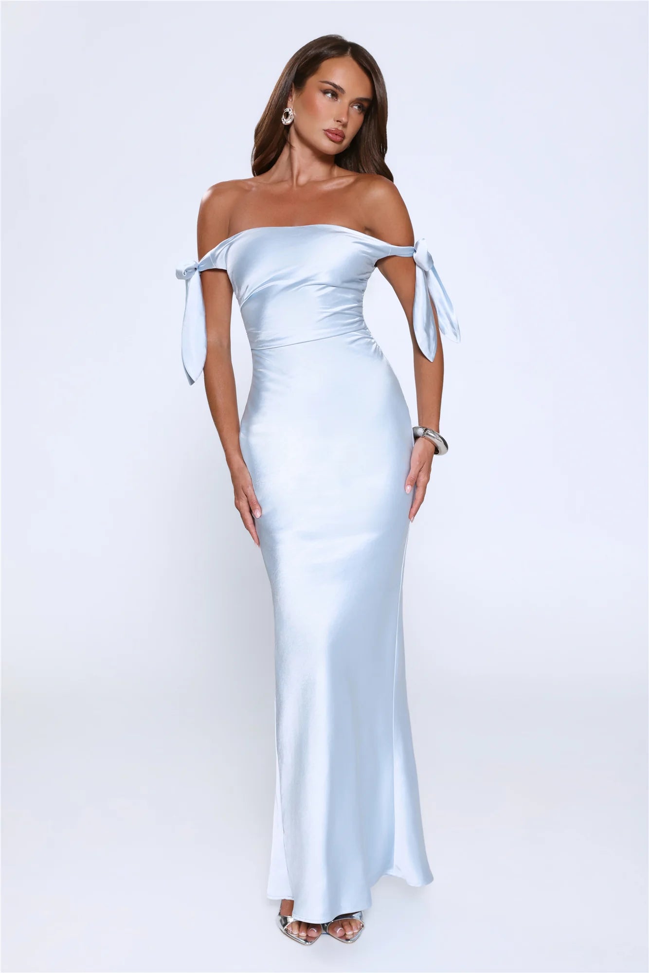 Flirty Intentions Off Shoulder Satin Maxi Dress Blue