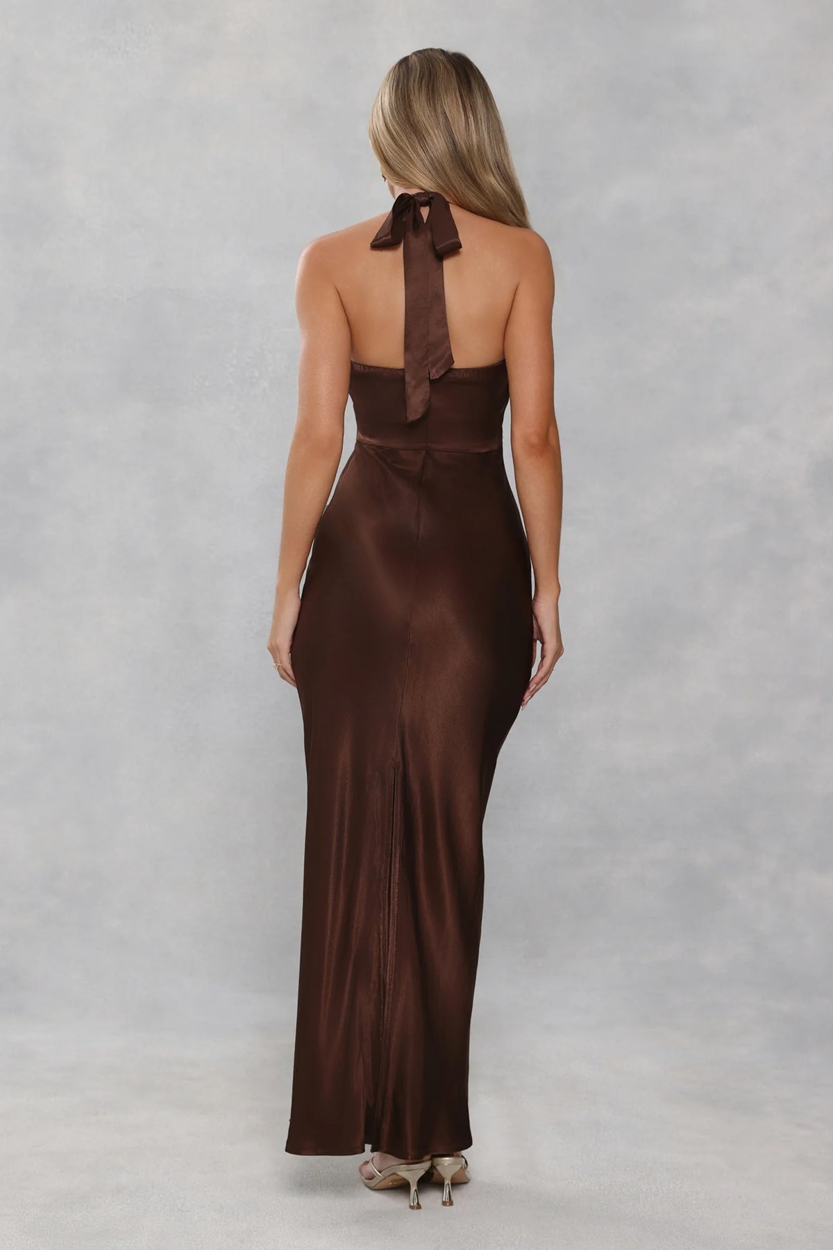 The Cleo Halter Satin Maxi Dress Chocolate Brown