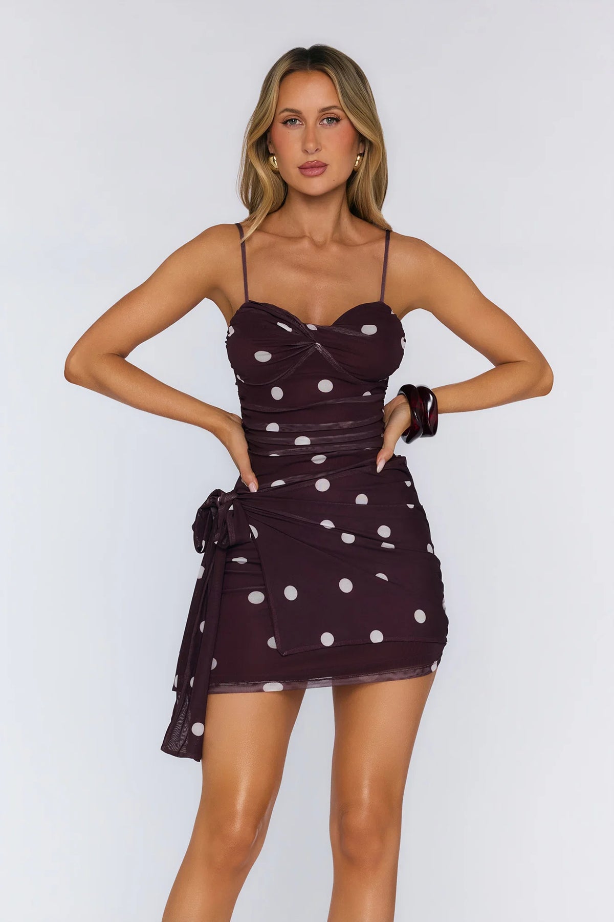 Pretty Comes First Mesh Polka Dot Mini Dress Chocolate