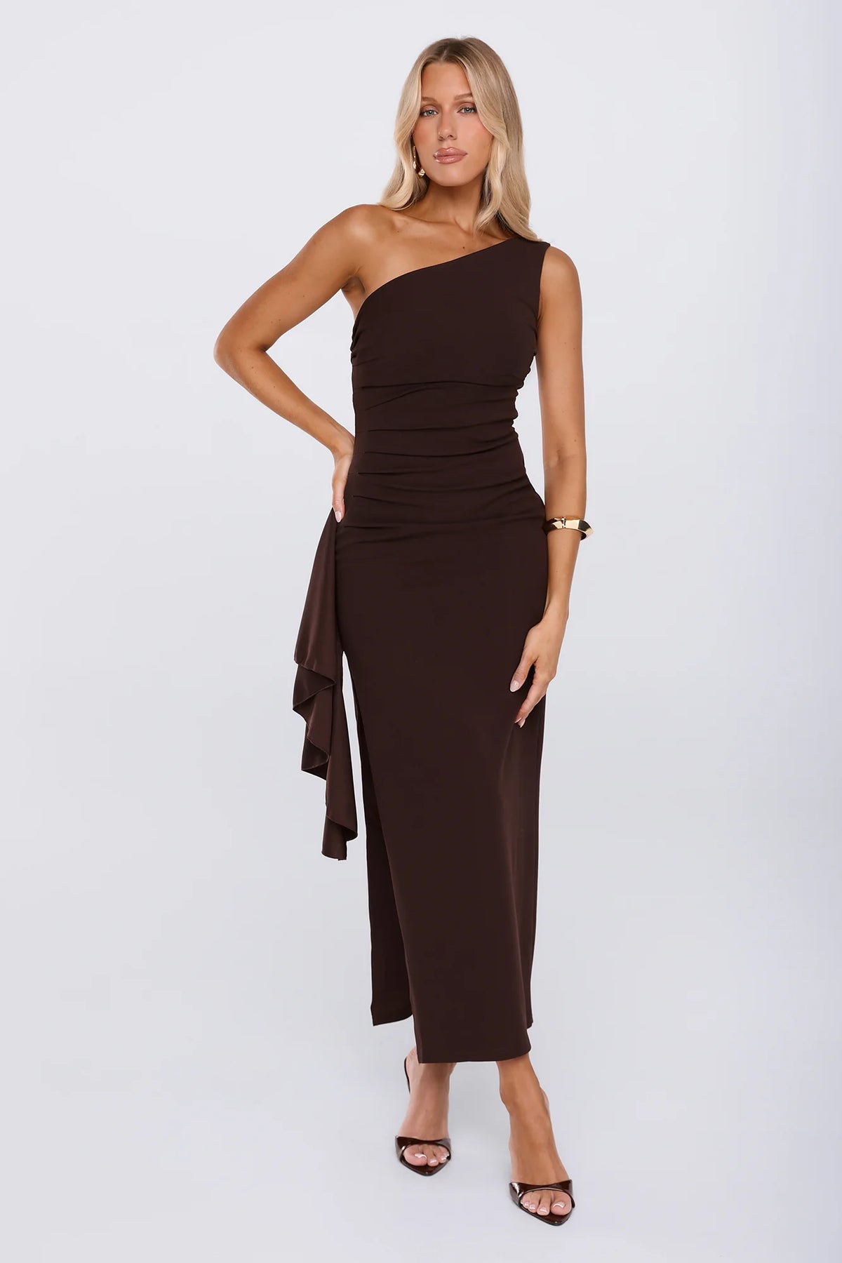Chic One Shoulder Ruched Drape Maxi Dress Chocolate