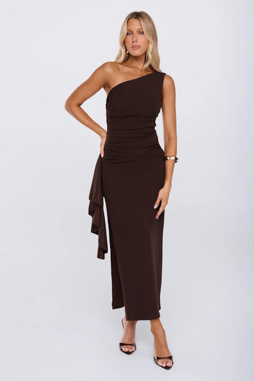 Chic One Shoulder Ruched Drape Maxi Dress Chocolate