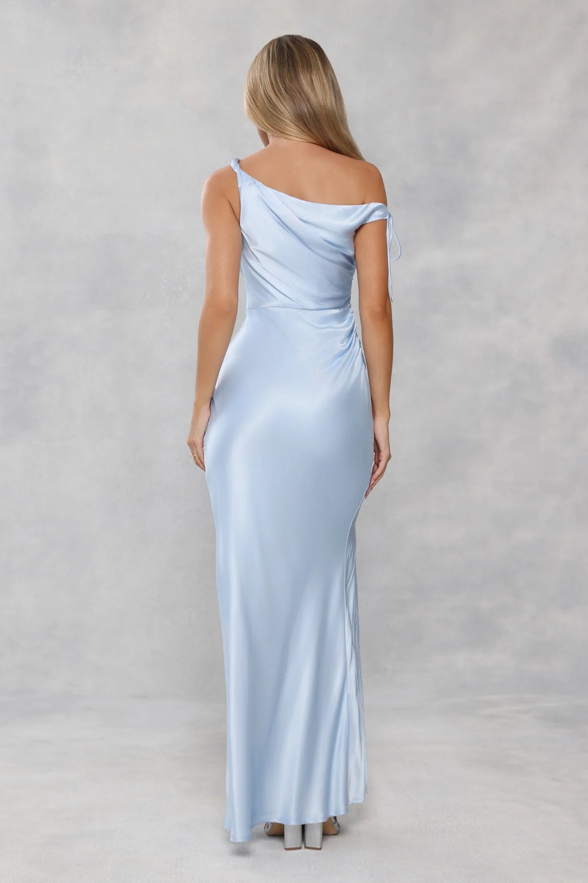 The Clover Off Shoulder Satin Maxi Dress Light Blue