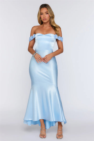 Falling Soft Satin Off Shoulder Maxi Dress Blue