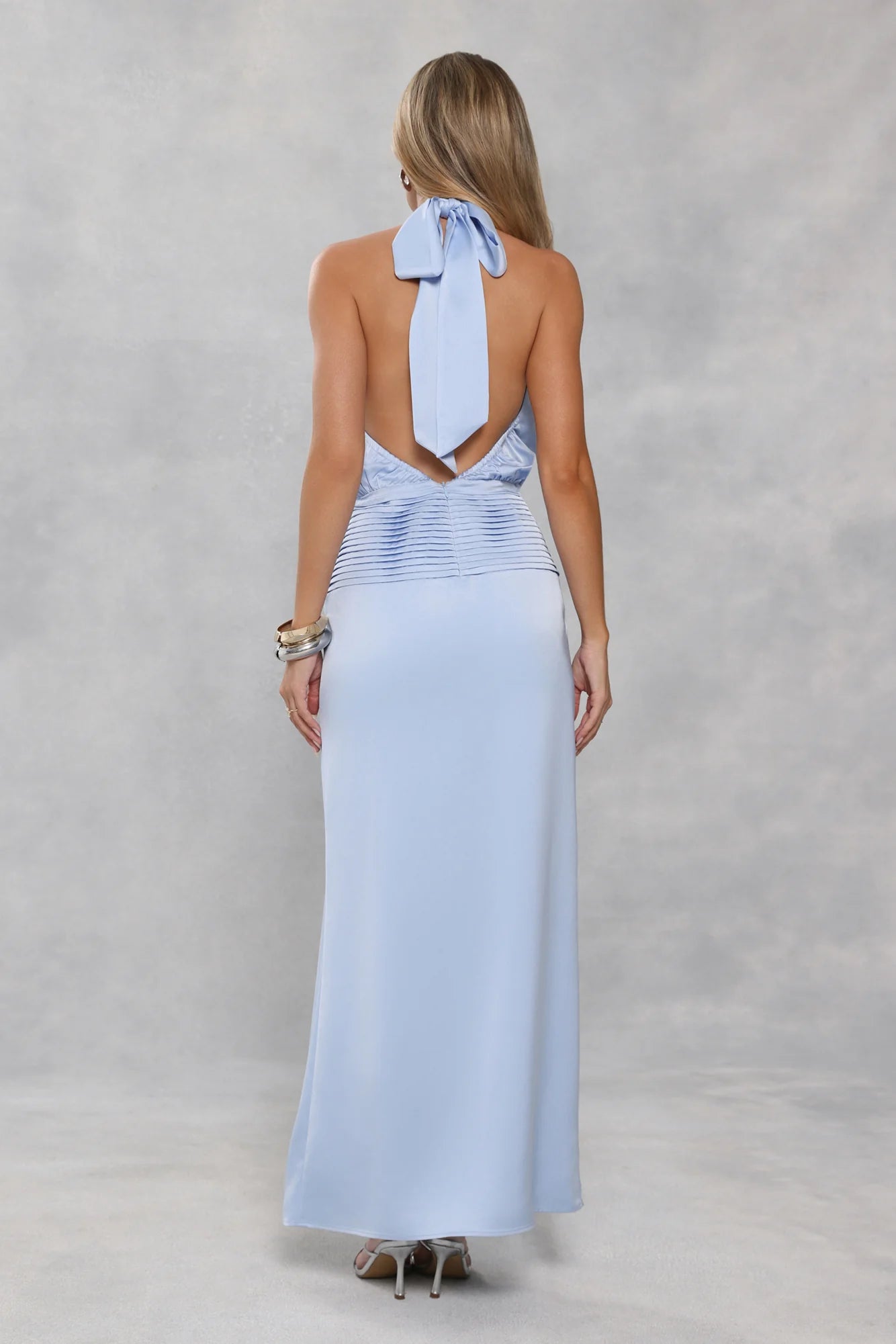 Silken Society Halter Satin Maxi Dress Blue