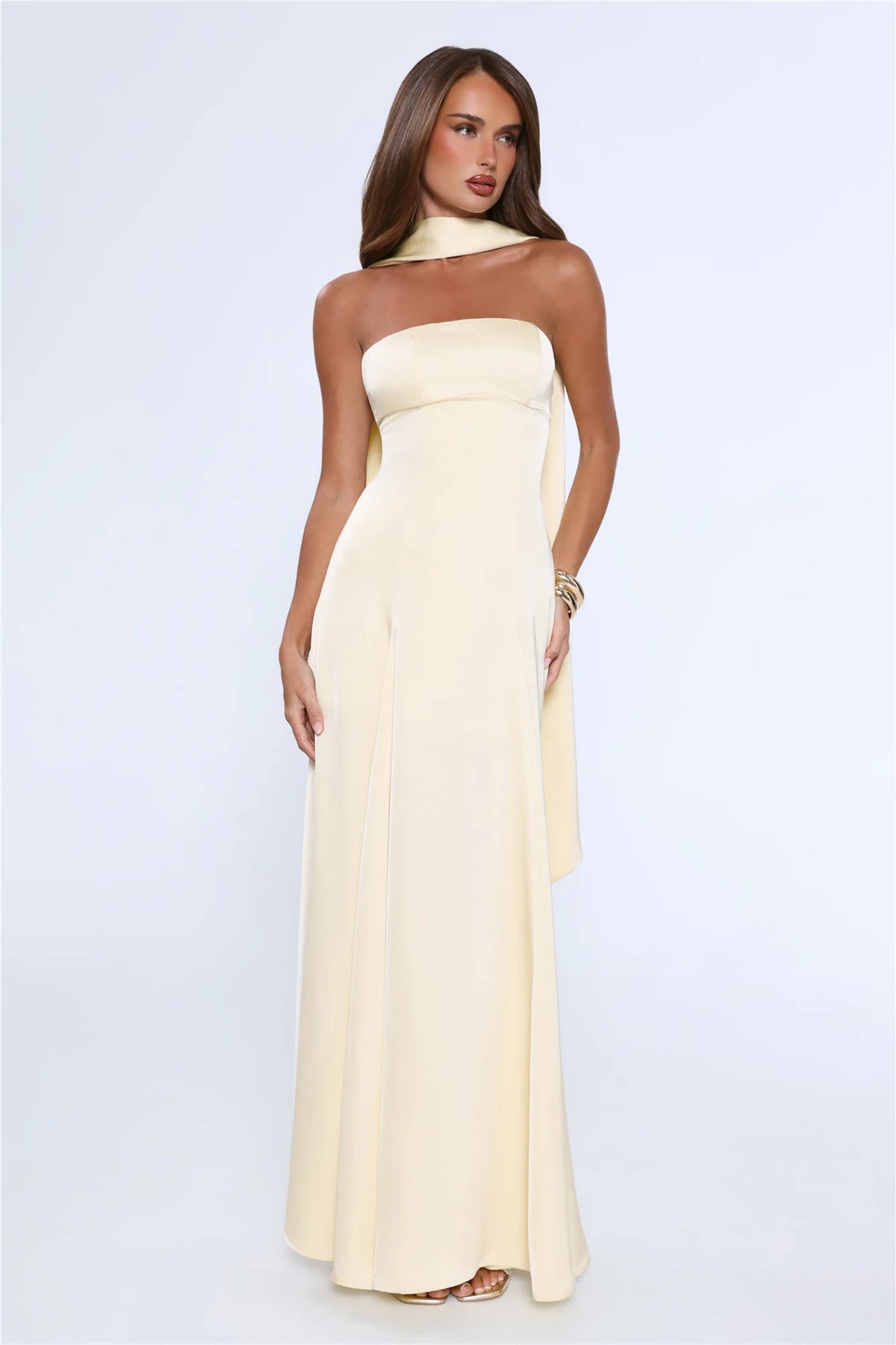 Satin Tempt Strapless Maxi Dress Lemon